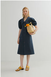 Tailored Linen Midi Dress with Puff Sleeves and Wide Collar
